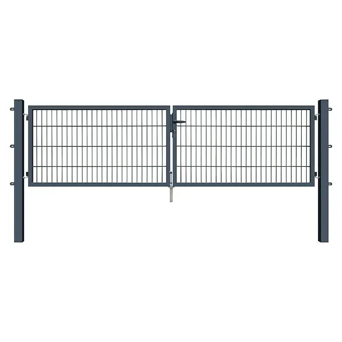 FA-Bausysteme Zauntor Basic - 3 x 0,8 m, Stahl, Anthrazit, 2-Flügel - Das Bild zeigt ein modernes Gartentor aus grauem Metall mit horizontalen und vertikalen Stäben, ideal für Sicherheit und stilvolles Design.
