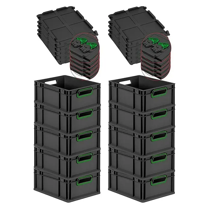 Proregal Euroboxen-Set 10x Eurobox NextGen Color mit Scharnierdeckel und Verschlüssen - L x B x H: 40 x 30 x 17 cm, Kunststoff, Schwarz, Grün, 10 Stk. - Zwei Stapel grauer Aufbewahrungsboxen und Deckel, ideal für Organisation und Lagerung im Haushalt oder Büro.