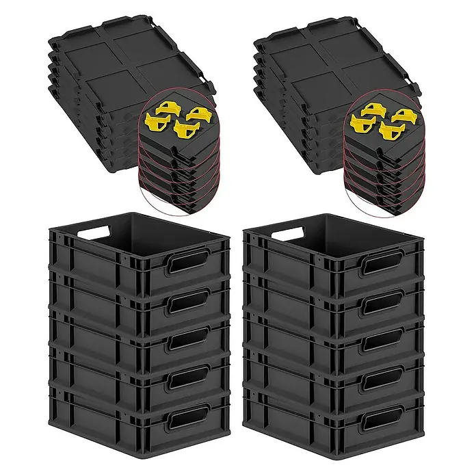 Proregal Euroboxen-Set 10x Eurobox NextGen Grip mit Scharnierdeckel und gelben Verschlüssen - L x B x H: 40 x 30 x 12 cm, Kunststoff, Schwarz, 10 Stk. - Bild von zwei Stapeln schwarzer Kunststoffkisten und zwei Stapeln schwarzer Deckel mit gelben Eckverbindern.