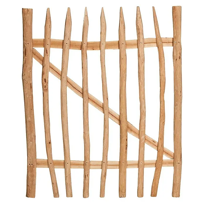 Staketenzaun-Gartentor - 100 x 120 cm, Holz - Rustikales Holztor mit Diagonalstrebe und natürlichen Baumstämmen für einen ländlichen Charme. Das Gartentor bietet eine natürliche Optik.