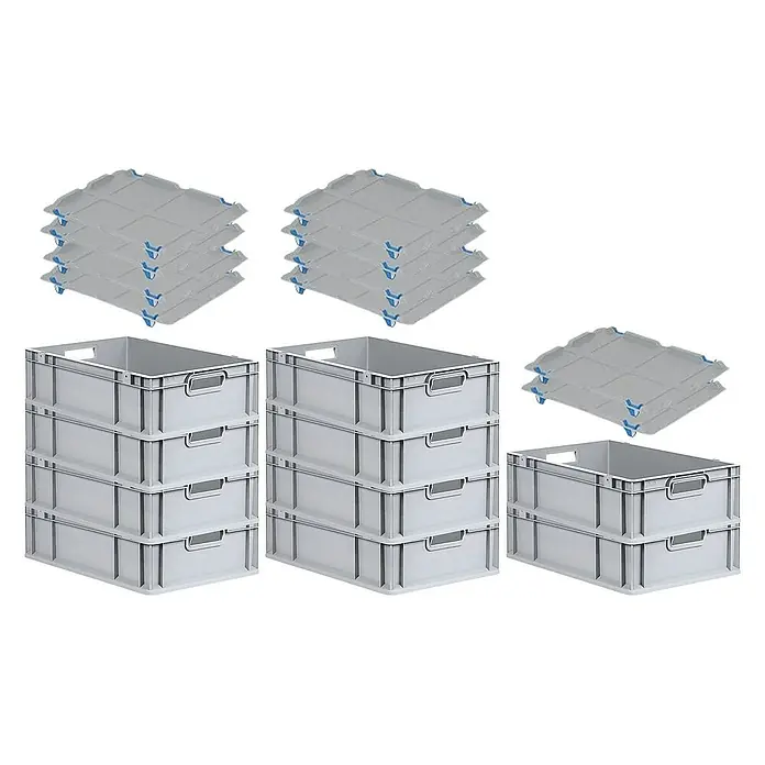Proregal Euroboxen-Set 10x Eurobox NextGen Economy mit Auflagedeckel und 4x Verschlüsse Blau - L x B x H: 60 x 40 x 17 cm, Kunststoff, Grau, 10 Stk. - Abgebildete sind graue Kunststoffboxen mit Deckeln, die gestapelt sind. Ideal für Lagerung und Transport.