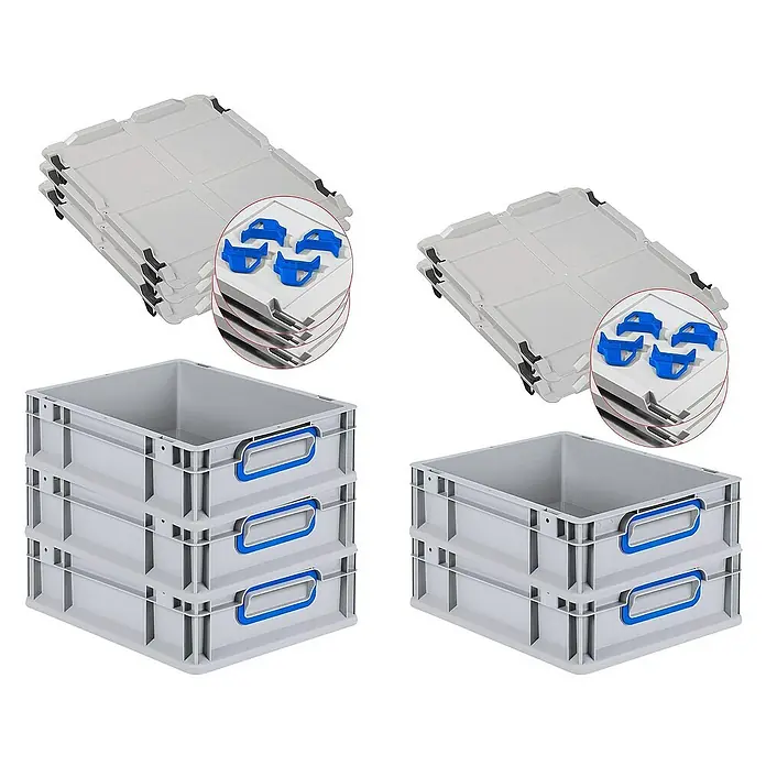 Proregal Euroboxen-Set 5x Eurobox NextGen Color mit Auflagedeckel und Schiebeschnappverschlüsse - L x B x H: 40 x 30 x 12 cm, Kunststoff, Grau, Blau, 5 Stk. - Graue Eurobehälter mit blauen Griffen und Deckeln im Stapel. Praktische Aufbewahrungslösung für Gewerbe und Haushalt, robust und stapelbar.