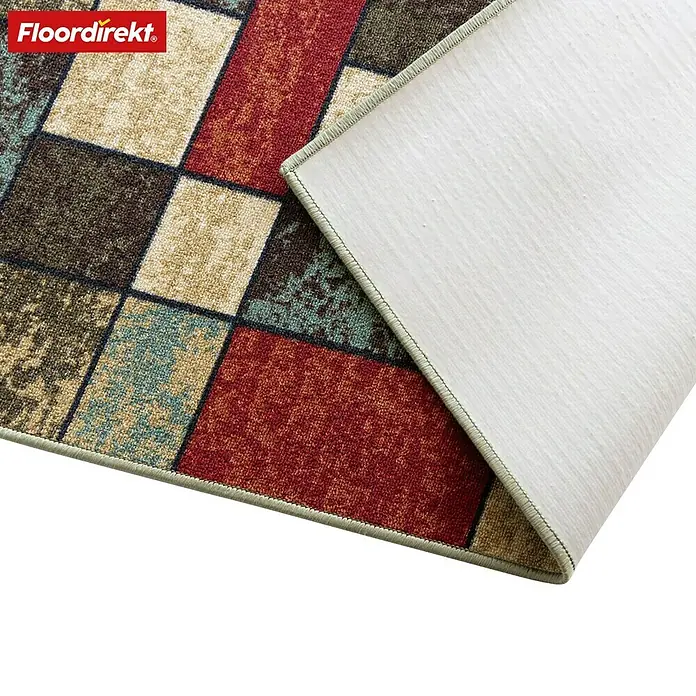 Teppichläufer Mannheim - Patch, 100 x 80 cm, 100 % Polyamid - Detailaufnahme eines Patchwork-Teppichs von Floordirekt, der ein farbenfrohes und modernes Design aufweist.