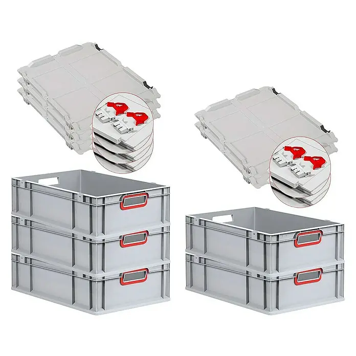 Proregal Euroboxen-Set 5x Eurobox NextGen Color mit Scharnierdeckel und Verschlüssen - L x B x H: 60 x 40 x 17 cm, Kunststoff, Grau, Rot, 5 Stk. - Graue Eurobehälter mit roten Griffen und graue Deckel mit roten Verschlüssen, gestapelt für Lagerung und Transport.