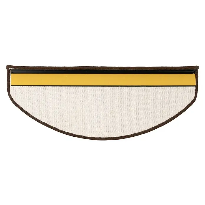 Stufenmatte Premium - 65 x 23,5 cm, 100 % Sisal, Dunkelbraun - Halbmondförmiger Teppich mit braunem Rand, gelbem Streifen und weißer Textur. Ideal als dekoratives und funktionales Accessoire für jeden Raum.