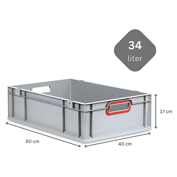 Proregal Euroboxen-Set 5x Eurobox NextGen Color mit Scharnierdeckel und Verschlüssen - L x B x H: 60 x 40 x 17 cm, Kunststoff, Grau, Rot, 5 Stk. - Bild einer grauen 34-Liter-Eurobox aus Kunststoff mit den Maßen 60 x 40 x 17 cm, ideal für Lagerung und Transport.