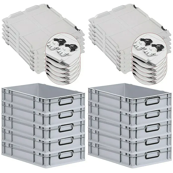 SuperSparSet 10x Eurobox NextGen Color mit Scharnierdeckel und Schiebeschnappverschlüssen | HxBxT 12x40x60cm | 23 Liter | Grau | Griffe schwarz geschlossen | Glatter Boden | Eurobehälter, Transportbox, Transportbehälter, Stapelbehälter -  - Graue Kunststoffbehälter und Deckel im Stapel. Das Bild zeigt das Produktdesign, die Textur und die Stapelbarkeit der Boxen und Deckel.