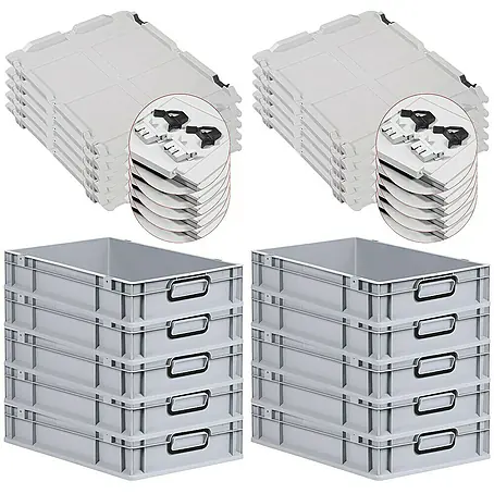SuperSparSet 10x Eurobox NextGen Color mit Scharnierdeckel und Schiebeschnappverschlüssen | HxBxT 12x40x60cm | 23 Liter | Grau | Griffe schwarz geschlossen | Glatter Boden | Eurobehälter, Transportbox, Transportbehälter, Stapelbehälter