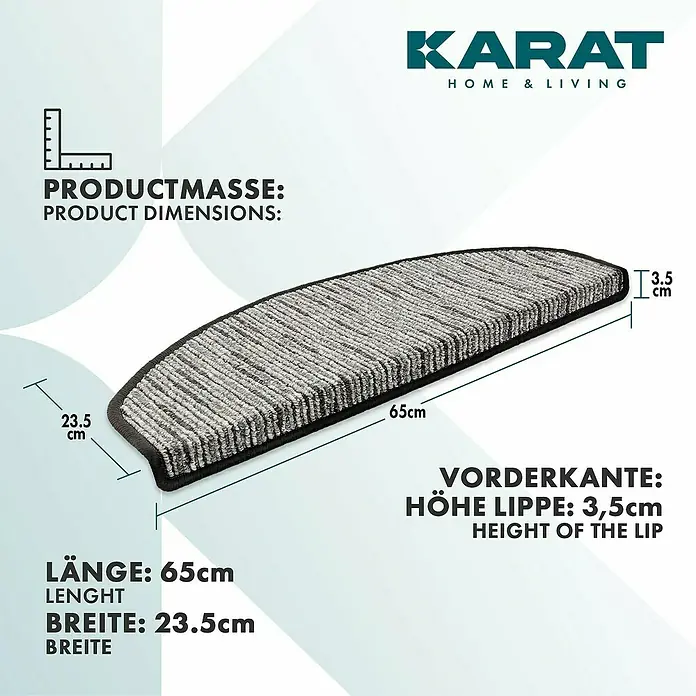 Stufenmatte Geneva - 65 x 23,5 cm, Anthrazit, Halbrund - Bild einer grauen Karat-Treppenmatte mit den Maßen 65 cm Länge, 23,5 cm Breite und einer Lippenhöhe von 3,5 cm.