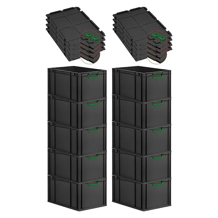 Proregal Euroboxen-Set 10x Eurobox NextGen Color mit Scharnierdeckel und Verschlüssen - L x B x H: 60 x 40 x 32 cm, Kunststoff, Schwarz, Grün, 10 Stk. - Bild von zwei Stapeln schwarzer Kunststoffboxen und dazugehörigen Deckeln mit grünen Griffen, die Vielseitigkeit und organisierte Lagerung hervorheben.