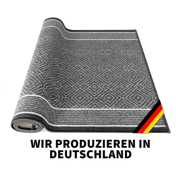 Teppichläufer Olymp - Silber, 250 x 80 cm, 100 % Polyamid - Dekorativer Fußabtreter mit geometrischem Muster und Deutschlandflagge.