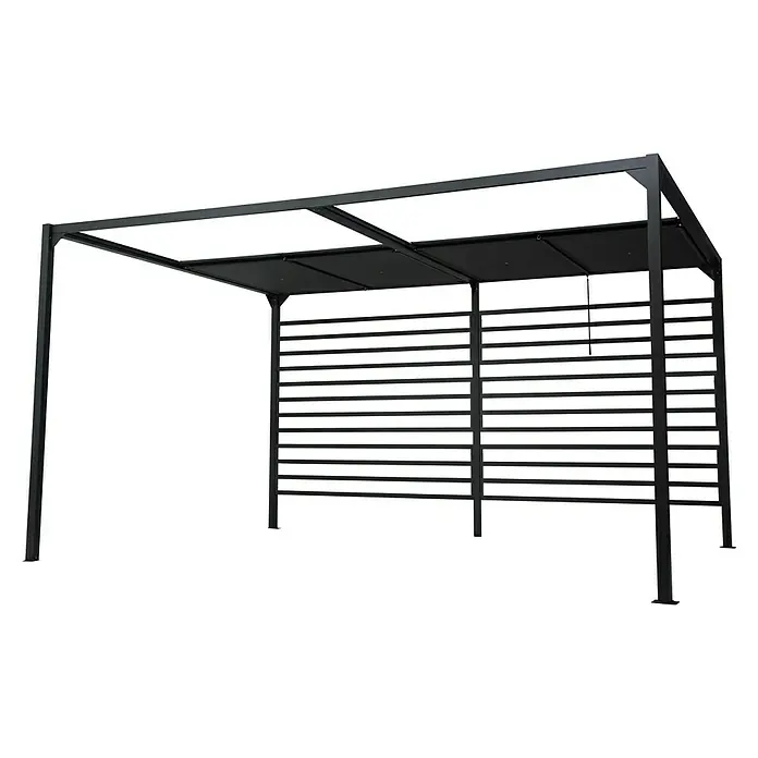 Raffpavillon - B x T: 400 x 300 cm, Farbe Gestell: Schwarz, Farbe Dach: Grau - Bild eines modernen Pavillons mit Lamellenwänden und schattenspendendem Dach für den Garten.