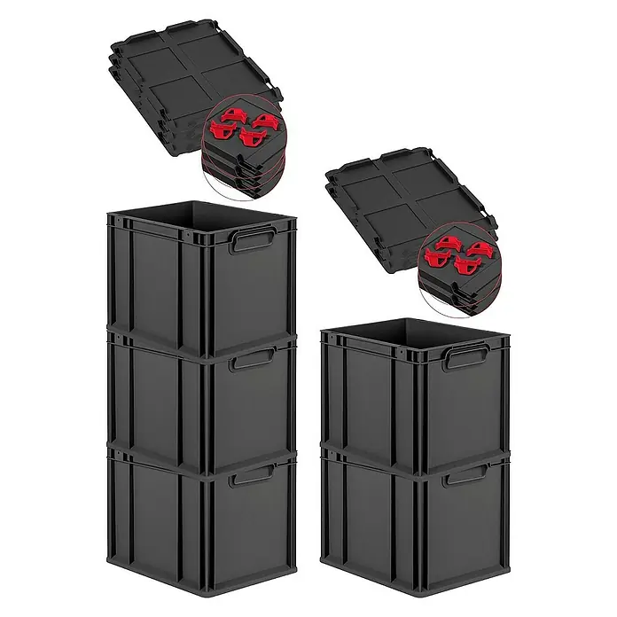 Proregal Euroboxen-Set 5x Eurobox NextGen Grip mit Auflagedeckel inkl. 4 roten Verschlüssen - L x B x H: 40 x 30 x 32 cm, Kunststoff, Schwarz, 5 Stk. - Das Bild zeigt zwei Stapel von schwarzen Kunststoffboxen und -deckeln, die mit roten Verbindungsstücken versehen sind.