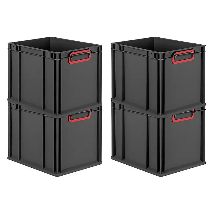 Proregal Euroboxen-Set 4x Eurobox NextGen Color - L x B x H: 40 x 30 x 32 cm, Kunststoff, Schwarz, Rot, 4 Stk. - Zwei Stapel grauer Kunststoffbehälter mit roten Griffen, die übereinander gestapelt sind, ideal zur Aufbewahrung und Organisation.