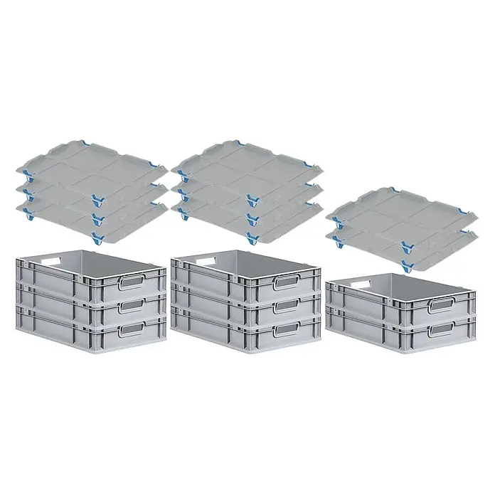 Proregal Euroboxen-Set 8x Eurobox NextGen Economy mit Auflagedeckel und 4x Verschlüsse Blau - L x B x H: 60 x 40 x 12 cm, Kunststoff, Grau, 8 Stk. - Drei Stapel grauer Eurobehälter und drei Stapel grauer Eurobehälterdeckel mit blauen Verschlüssen.