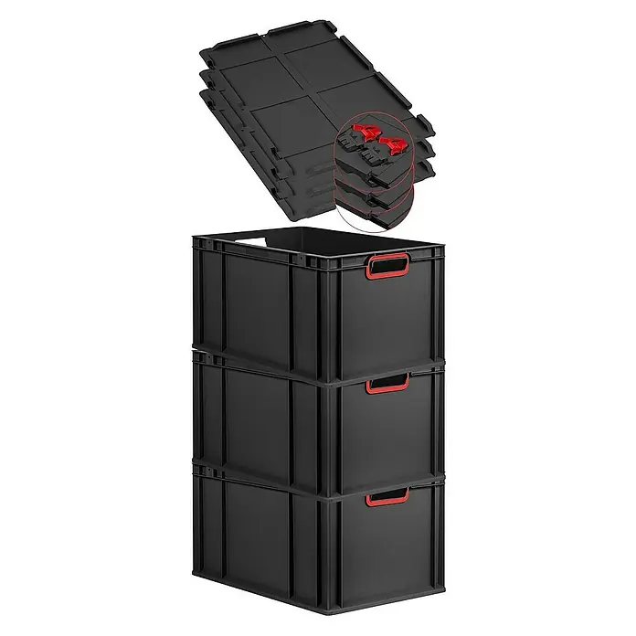 Proregal Euroboxen-Set 3x Eurobox NextGen Color mit Scharnierdeckel und Verschlüssen - L x B x H: 60 x 40 x 32 cm, Kunststoff, Schwarz, Rot, 3 Stk. - Schwarze Kunststoffboxen mit roten Griffen und dazugehörige schwarze Deckel zum Stapeln und Aufbewahren von Gegenständen.