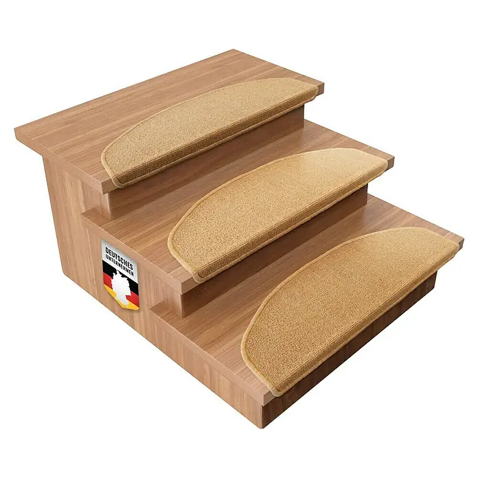 Stufenmatte London - 65 x 24,5 cm, Apricot, Halbrund - Treppe mit Teppichstufenauflagen. Schöne Teppichstufenmatten für mehr Komfort und Sicherheit auf Holztreppen im Haus.
