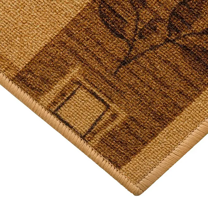 Teppichläufer Akzent - Beige, 150 x 67 cm, 100 % Polyamid - Detailaufnahme eines braunen Teppichs mit geometrischen Mustern und dekorativer Bordüre, der Wärme und Stil in jeden Raum bringt.
