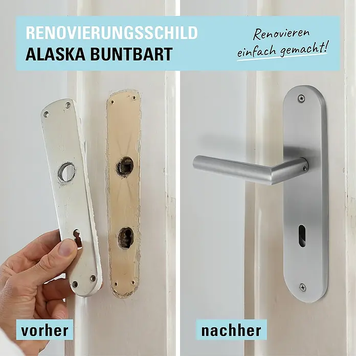 Diamond Doors Modern Zimmertürgarnitur Alaska - Edelstahl, Stärke Tür: 38 mm - 45 mm, Buntbart - Renovierungsschild Alaska Buntbart: Vorher/Nachher Vergleich. Das Bild zeigt das Ergebnis nach der Montage des neuen Türbeschlags.