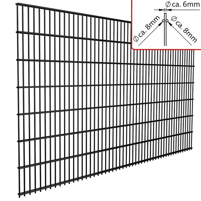 FA-Bausysteme Mattenzaun 8/6/8 mm - 250,8 x 200 cm, Zink - Schwarzer Doppelstabmattenzaun mit Detailzeichnung der Drahtstärken. Robustes Design für Sicherheit und Stabilität im Garten oder Gewerbebereich.