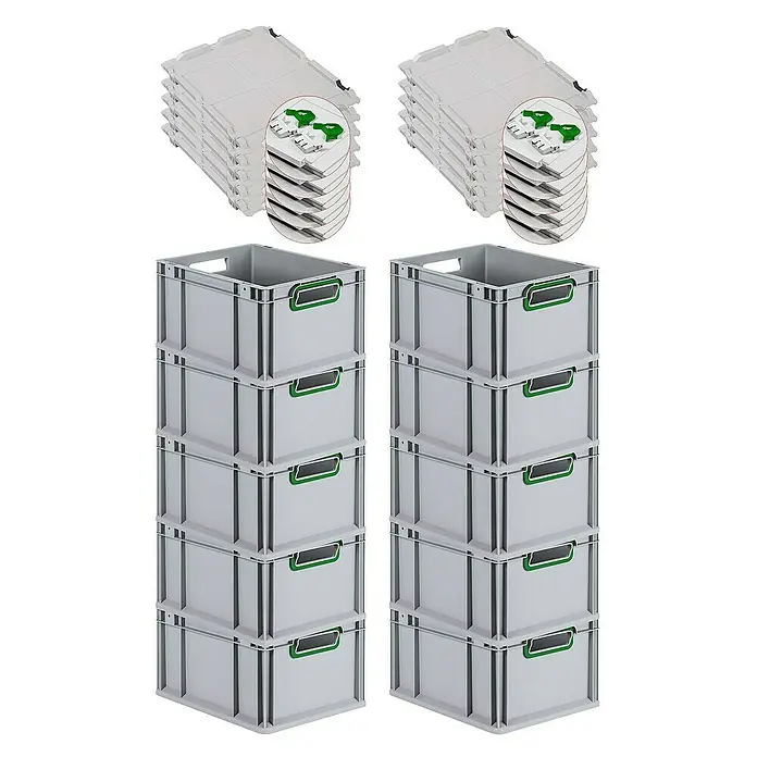 Proregal Euroboxen-Set 10x Eurobox NextGen Color mit Scharnierdeckel und Verschlüssen - L x B x H: 40 x 30 x 22 cm, Kunststoff, Grau, Grün, 10 Stk. - Stapelweise Ordnung: Graue Lagerboxen und Deckel mit grünen Details für effiziente Aufbewahrungslösungen im Lager oder Büro.