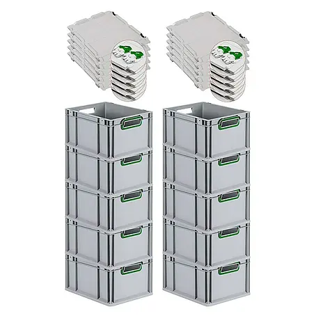 SuperSparSet 10x Eurobox NextGen Color mit Scharnierdeckel und Schiebeschnappverschlüssen | HxBxT 22x30x40cm | 20 Liter | Grau | Griffe grün offen | Glatter Boden | Eurobehälter, Transportbox, Transportbehälter, Stapelbehälter