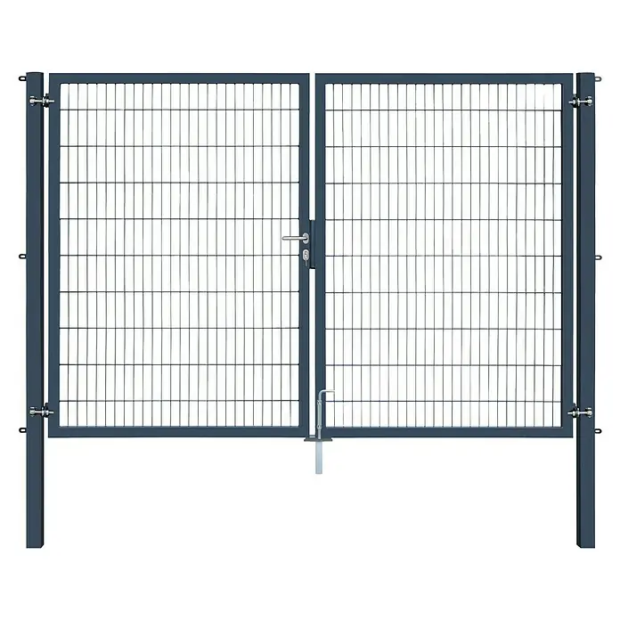 FA-Bausysteme Zauntor Industrietor - 3 x 2 m, Stahl, Anthrazit, 2-Flügel, Drahtstärke 8/6/8 mm - Bild einer soliden, grauen Gittertür mit Schloss und Griff, ideal für Sicherheit und Schutz.