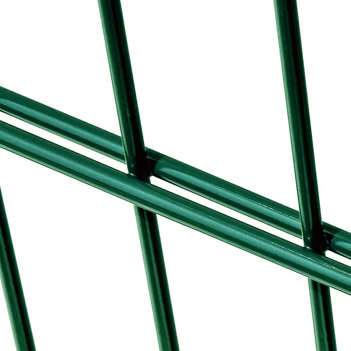 FA-Bausysteme Zauntor Industrietor - 1,2 x 1,8 m, Stahl, Moosgrün, 1-Flügel, Drahtstärke 8/6/8 mm - Detailaufnahme eines grünen Metallzauns, der Stabilität und Sicherheit für Gärten oder Grundstücke bietet.