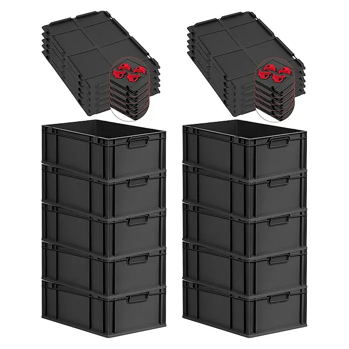 Proregal Euroboxen-Set 10x Eurobox NextGen Grip mit Auflagedeckel inkl. 4 roten Verschlüssen - L x B x H: 60 x 40 x 22 cm, Kunststoff, Schwarz, 10 Stk. - Abbildung von zwei Stapeln schwarzer Lagerkisten mit Deckeln und roten Halterungen, ideal für Organisation und Lagerung.