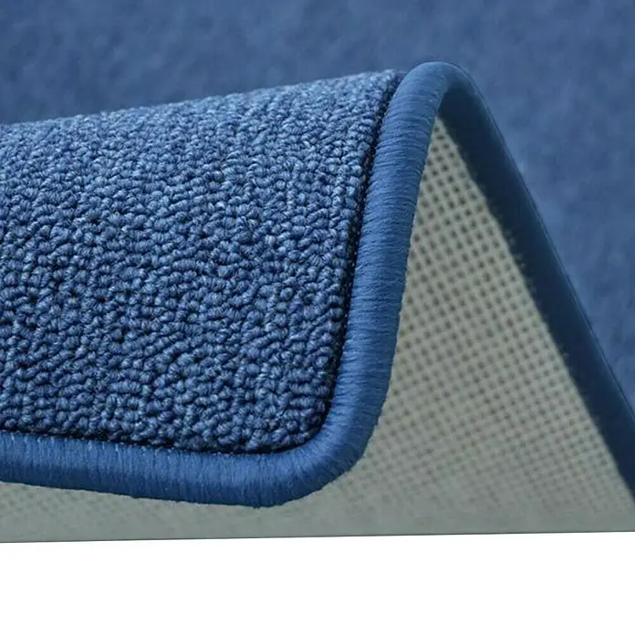 Flachgewebeteppich London - Dunkelblau, 200 x 200 cm, 100 % Polypropylen - Nahaufnahme einer blauen Fußmatte mit Rand und rutschfester Unterseite. Ideal für den Innenbereich.