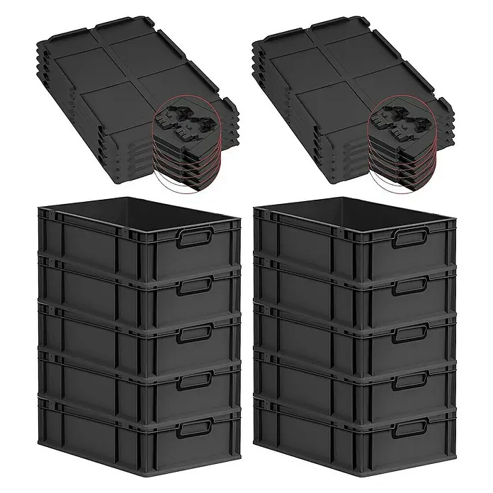 Proregal Euroboxen-Set 10x Eurobox NextGen Color mit Scharnierdeckel und Verschlüssen - L x B x H: 60 x 40 x 17 cm, Kunststoff, Schwarz, Schwarz, 10 Stk. - Schwarze Kunststoffboxen und dazugehörige Deckel sind gestapelt, um Aufbewahrungslösungen zu präsentieren.