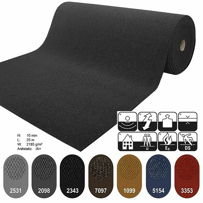 Schmutzfangmatte Hong Kong - Anthrazit, 1.100 x 200 cm, 100 % Polypropylen - Eine Rolle schwarzer Teppichboden mit technischen Daten und Farbmustern für eine einfache Auswahl.