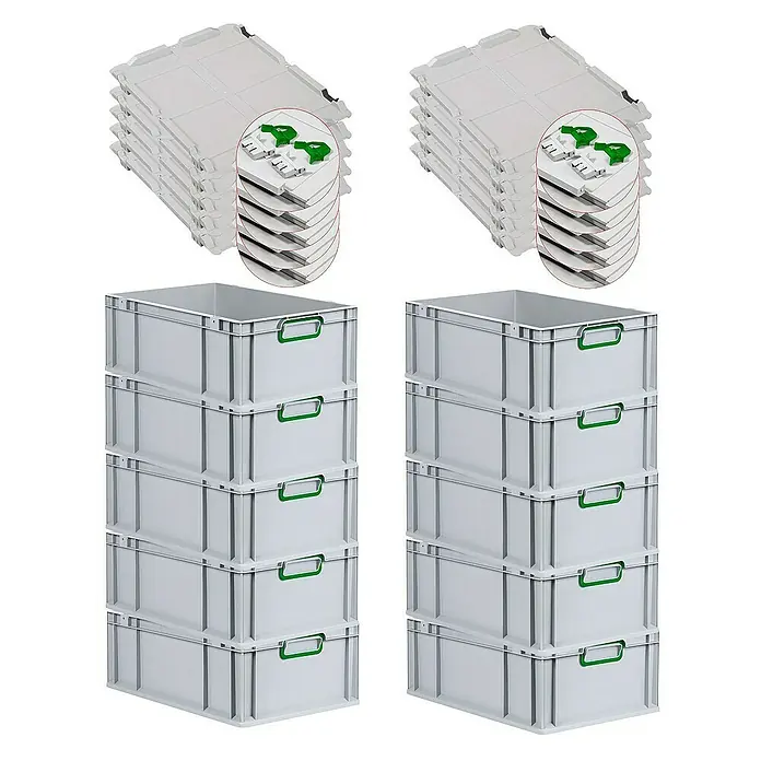 Proregal Euroboxen-Set 10x Eurobox NextGen Color mit Scharnierdeckel und Verschlüssen - L x B x H: 60 x 40 x 22 cm, Kunststoff, Grau, Grün, 10 Stk. - Bild von zwei Stapeln grauer Kunststoffbehälter und zwei Stapeln grauer Kunststoffdeckel mit grünen Details.