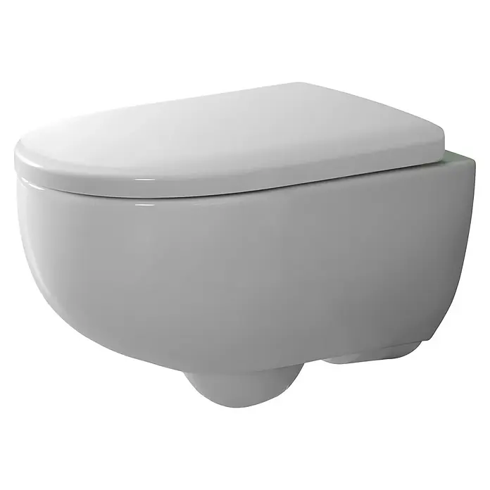 Geberit Renova Compact Wand-WC-Set - Spülrandlos, Ohne Spezialglasur, Spülform: Tief, WC Abgang: Waagerecht, Weiß - Abgebildete, wandhängende Toilette mit Deckel. Das WC ist in einem hellen Grau gehalten und hat eine abgerundete Form.