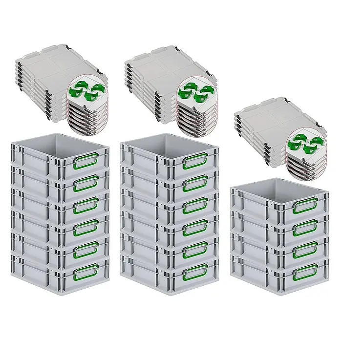 Proregal Euroboxen-Set 16x Eurobox NextGen Color mit Auflagedeckel und Schiebeschnappverschlüsse - L x B x H: 40 x 30 x 12 cm, Kunststoff, Grau, Grün, 16 Stk. - Bild von drei Stapeln grauer Lagerboxen mit grünen Griffen und passenden Deckeln, ideal für die Organisation.