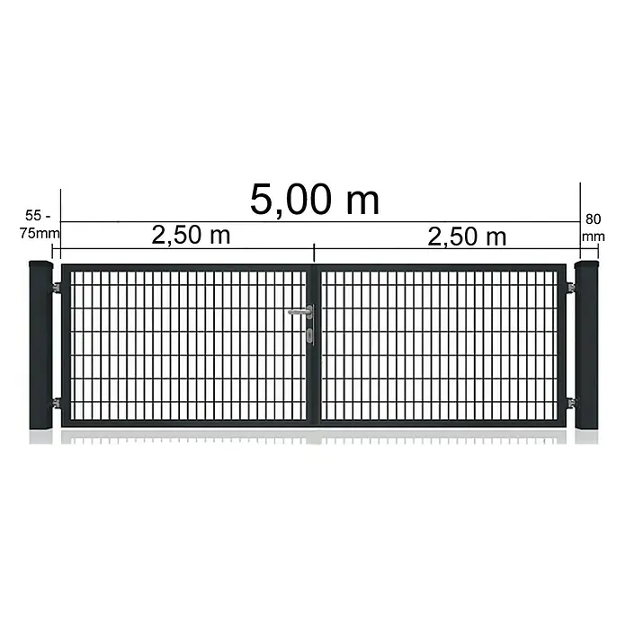 FA-Bausysteme Zauntor Vollrahmen - 5 x 1,2 m, Stahl, Zink, 2-Flügel - Abbildung eines Gartentors mit Maßen. Das Tor ist aus Metall gefertigt und hat eine Breite von 5,00 m.