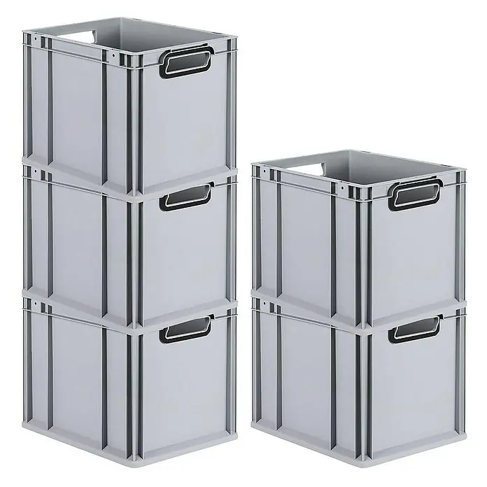 Proregal Euroboxen-Set 5x Eurobox NextGen Color - Kunststoff, Grau, Schwarz, 5 Stk. - Graue Kunststoffboxen sind in zwei Stapeln angeordnet, einmal mit drei Boxen und einmal mit zwei Boxen.