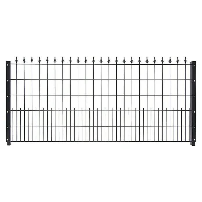 FA-Bausysteme Mattenzaun Schmuckzaun Lilie U20 6/5/6 mm - 200,8 x 100 cm, Anthrazit - Das Bild zeigt ein graues Metallgitter mit schwarzen vertikalen Stäben und dekorativen Elementen an der Oberseite. Es wirkt stabil und schützend.