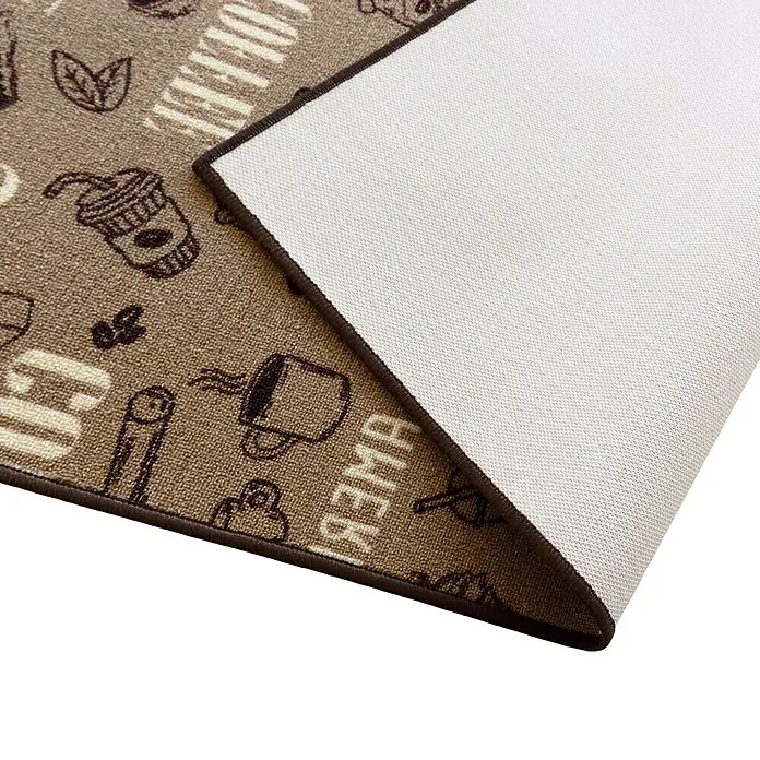Teppichläufer Coffee - Braun, 200 x 80 cm, 100 % Polyamid - Ein brauner Teppich mit Kaffee-Motiven und einer weißen Rückseite, ideal für Kaffeeliebhaber, bietet Komfort und Stil in jedem Raum.