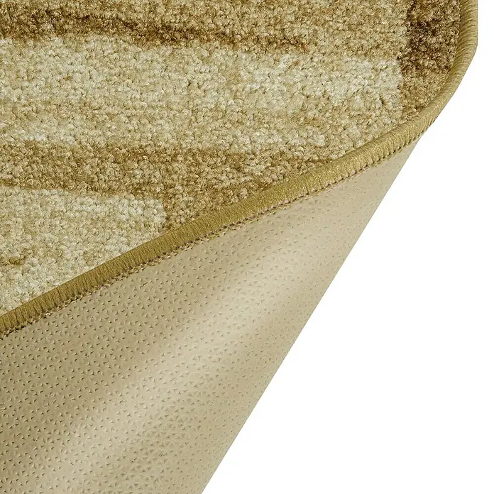 Kurzflorteppich Via Veneto - Beige, 450 x 80 cm, 100 % Polyamid - Nahaufnahme eines beigen Teppichs mit Streifenmuster, der die Textur und die Details der Verarbeitung hervorhebt.