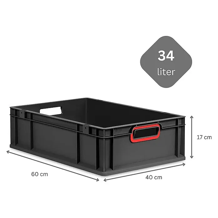 Proregal Euroboxen-Set 5x Eurobox NextGen Color mit Auflagedeckel und Schiebeschnappverschlüsse - L x B x H: 60 x 40 x 17 cm, Kunststoff, Schwarz, Rot, 5 Stk. - Schwarze 34-Liter-Aufbewahrungsbox aus Kunststoff mit roten Griffen und Größenangaben.