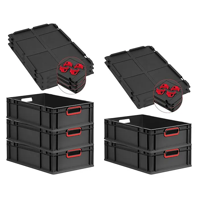 Proregal Euroboxen-Set 5x Eurobox NextGen Color mit Auflagedeckel und Schiebeschnappverschlüsse - L x B x H: 60 x 40 x 17 cm, Kunststoff, Schwarz, Rot, 5 Stk. - Stapelbare, schwarze Eurobehälter mit roten Griffen und Deckeln, ideal für Lagerung und Transport.