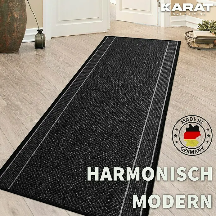 Teppichläufer Olymp - Anthrazit, 250 x 80 cm, 100 % Polyamid - Elegante, schwarze Karat HOME & LIVING Fußmatte mit geometrischem Muster, ideal für moderne Wohnräume. Made in Germany Qualität.