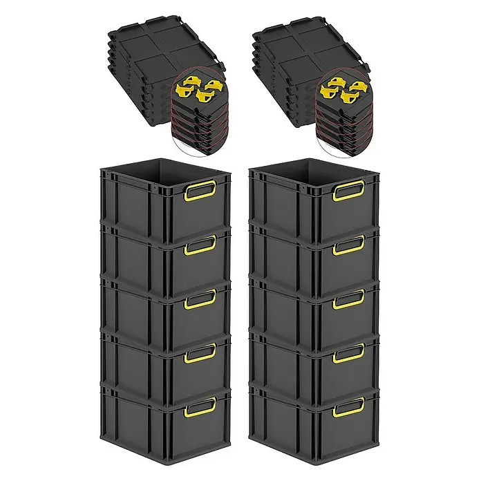 Proregal Euroboxen-Set 10x Eurobox NextGen Color mit Auflagedeckel und Schiebeschnappverschlüsse - L x B x H: 40 x 30 x 22 cm, Kunststoff, Schwarz, Gelb, 10 Stk. - Abbildung von zwei Stapeln schwarzer Kunststoffboxen mit gelben Griffen und dazugehörigen Deckeln, ideal für Lagerung.