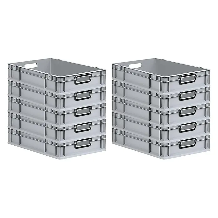 Proregal Euroboxen-Set 10x Eurobox NextGen Color - L x B x H: 60 x 40 x 12 cm, Kunststoff, Grau, Schwarz, 10 Stk. - Zwei Stapel grauer Kunststoffboxen mit Etikettenhaltern, ideal zur Lagerung und Organisation von Gegenständen im Haushalt oder im Büro.