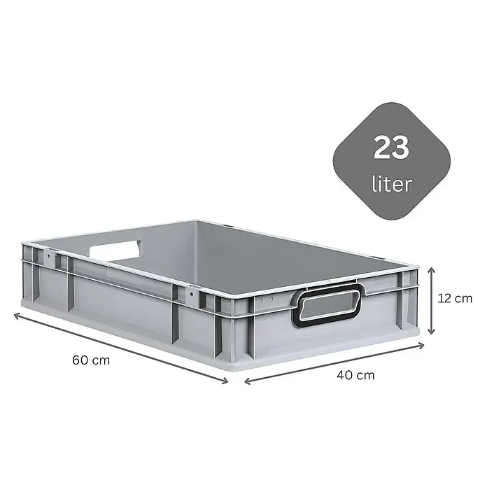 Proregal Euroboxen-Set 10x Eurobox NextGen Color - L x B x H: 60 x 40 x 12 cm, Kunststoff, Grau, Schwarz, 10 Stk. - Ein grauer 23-Liter-Lagerbehälter aus Kunststoff mit Abmessungen und Volumenangabe für Lagerung und Transport.
