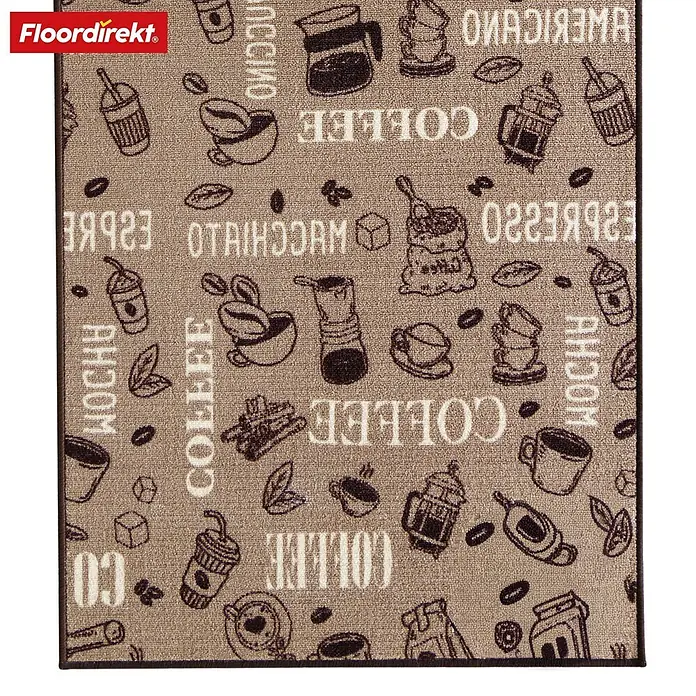 Teppichläufer Coffee - Braun, 200 x 80 cm, 100 % Polyamid - Ein Teppich mit Kaffeemotiven, perfekt für Kaffeeliebhaber. Der Teppich hat eine braune Farbe und ist mit verschiedenen Kaffeesymbolen verziert.