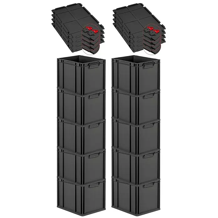Proregal Euroboxen-Set 10x Eurobox NextGen Grip mit Scharnierdeckel und roten Verschlüssen - Kunststoff, Schwarz, 10 Stk. - Schwarze Eurobehälter und zugehörige Deckel, ideal für Lagerung und Organisation. Robuste Kisten und Deckel für vielfältige Anwendungen.