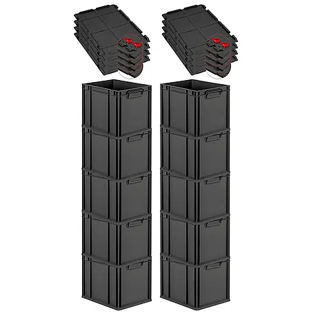 Proregal  Euroboxen-Set 10x Eurobox NextGen Grip mit Scharnierdeckel und roten Verschlüssen