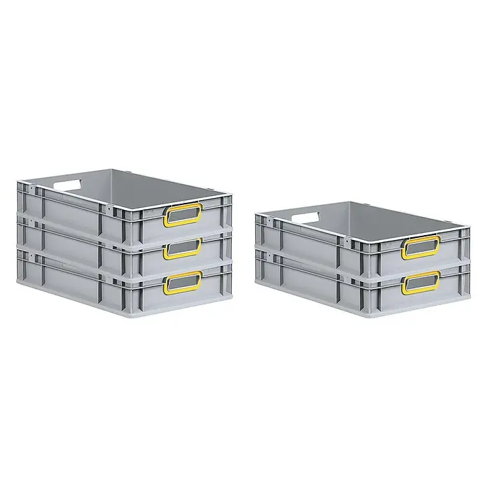 Proregal Euroboxen-Set 10x Eurobox NextGen Color - L x B x H: 60 x 40 x 12 cm, Kunststoff, Grau, Gelb, 10 Stk. - Bild von grauen Kunststoffbehältern, die mit gelben Griffen übereinander gestapelt sind. Praktische Lagerlösung für Ordnung.